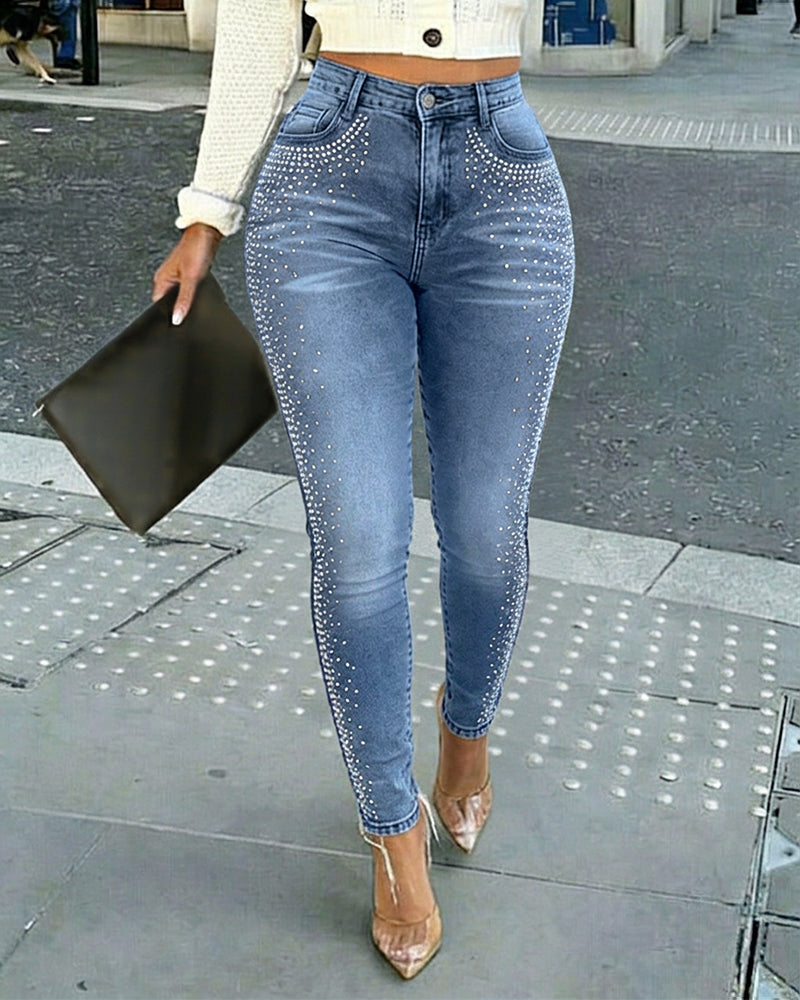 Rhinestone Decor High Waist Zipper Fly Skinny Jeans Washed Denim Pants without Belt