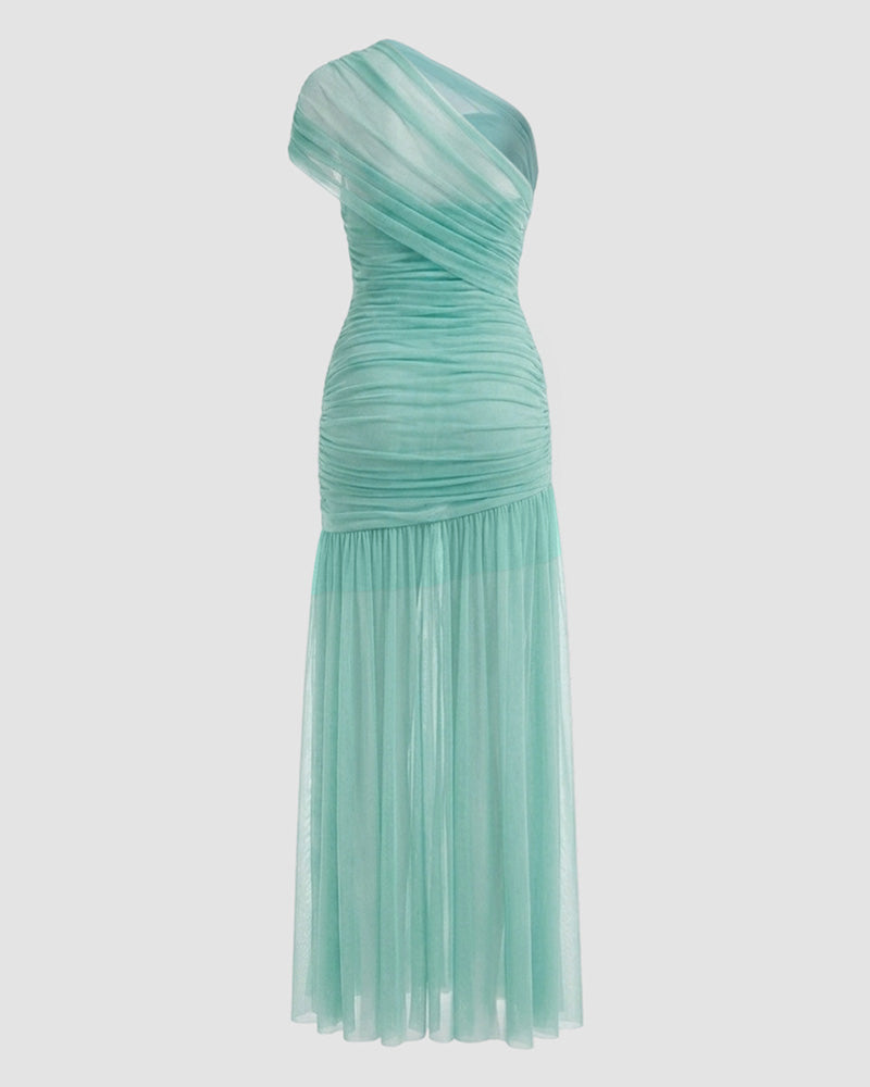 Vestido largo de malla fruncida de un solo hombro para mujer de CHICME, hebilla dorada, abertura alta y corte ceñido, vestido de noche