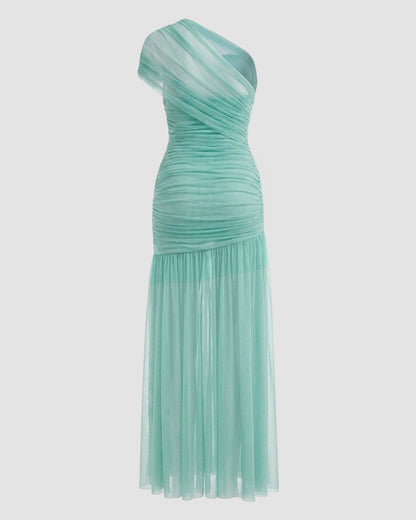 Vestido largo de malla fruncida de un solo hombro para mujer de CHICME, hebilla dorada, abertura alta y corte ceñido, vestido de noche