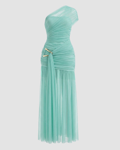 Vestido largo de malla fruncida de un solo hombro para mujer de CHICME, hebilla dorada, abertura alta y corte ceñido, vestido de noche