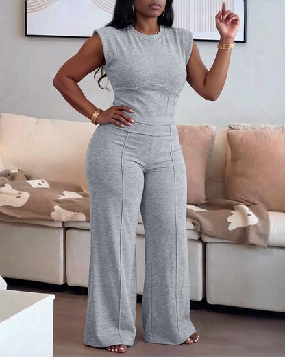 2 Pieces Outfit O-neck Sleeveless Padded Shoulders Cinched Waist Crop Top and Elastic Waist Seam Front Wide Leg Pants Set