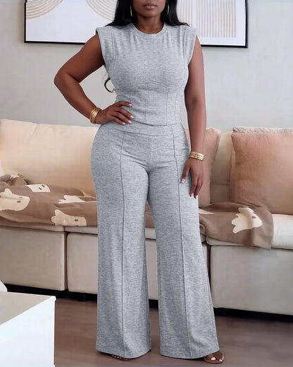 2 Pieces Outfit O-neck Sleeveless Padded Shoulders Cinched Waist Crop Top and Elastic Waist Seam Front Wide Leg Pants Set