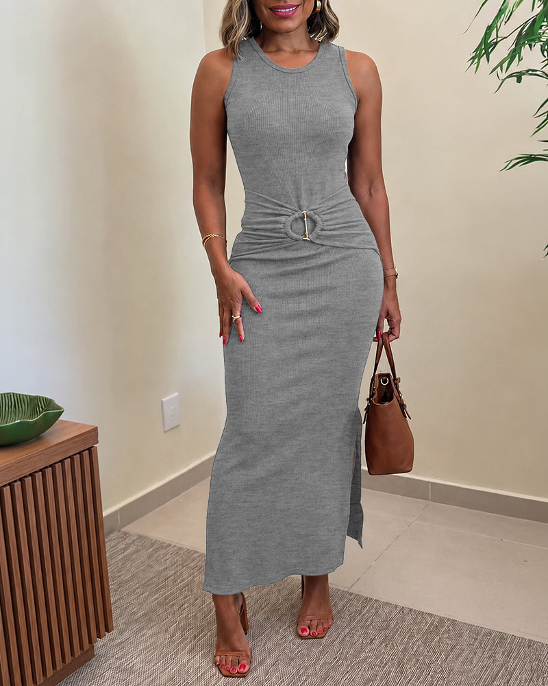 Vestido largo ajustado de punto acanalado sin mangas para mujer, con hebilla dorada, cintura alta fruncida y abertura lateral