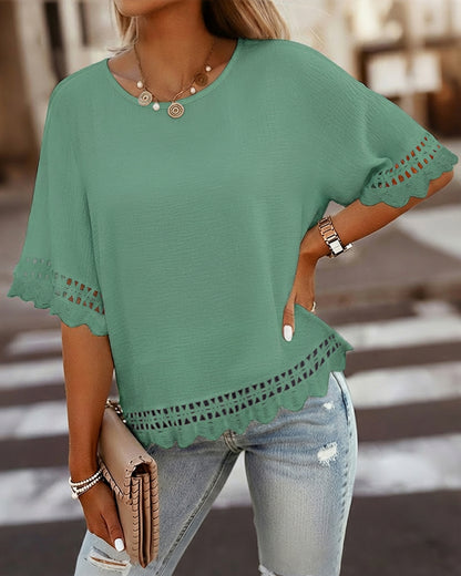 Short Sleeve Hollow-out Pattern Spliced Scallop Hem Versatile Tee Casual Minimalist Loose Fit Top