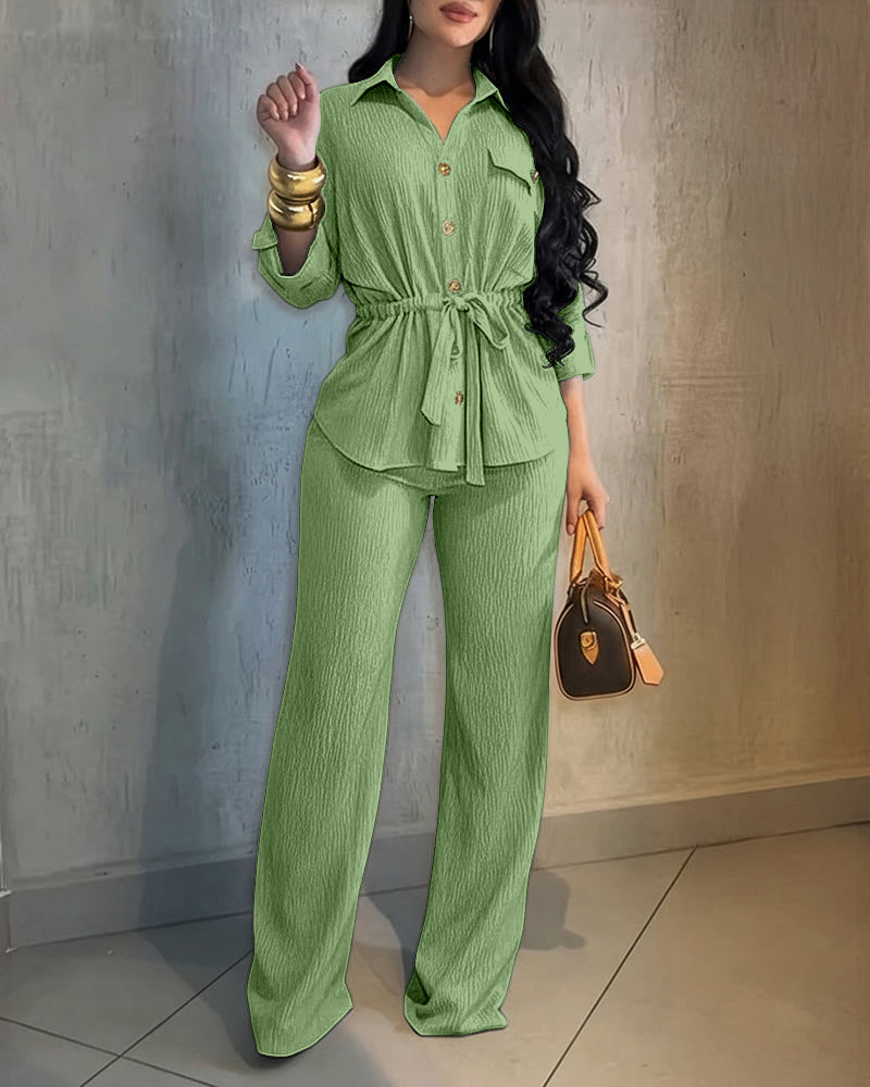 2 Pieces Outfit Vintage Turn-down Collar Roll Up Sleeve Button Front Flap Pocket Design Waist Drawstring Top and Elastic Waist Wide Leg Pants Set Casual Textured Commuting Set