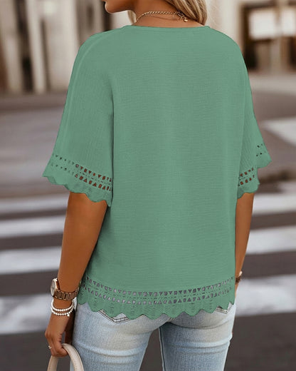 Short Sleeve Hollow-out Pattern Spliced Scallop Hem Versatile Tee Casual Minimalist Loose Fit Top