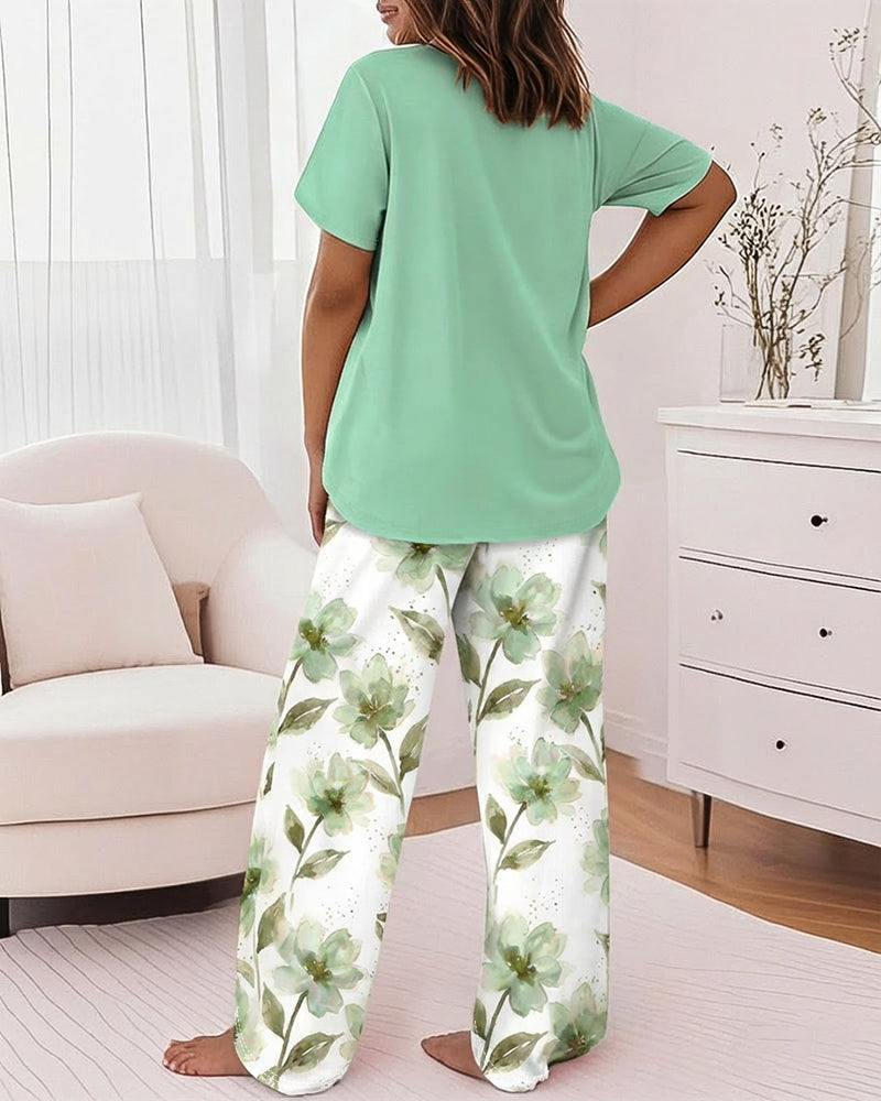 2 Pieces Outfit Faith Letter Print Short Sleeve Top and Watercolor Floral Print Elastic Waist Pants Set Casual Pajamas Set