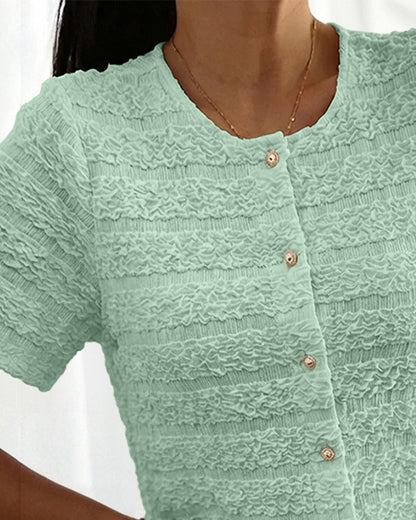 Round Neck Short Sleeve Pearls Button Front Textured Top
