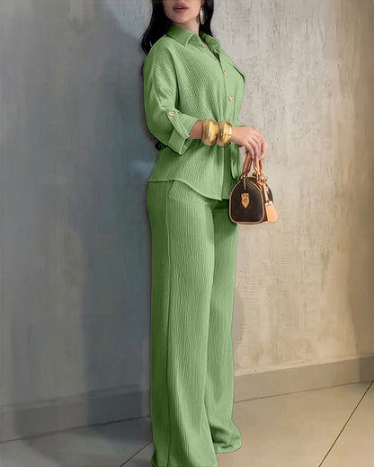 2 Pieces Outfit Vintage Turn-down Collar Roll Up Sleeve Button Front Flap Pocket Design Waist Drawstring Top and Elastic Waist Wide Leg Pants Set Casual Textured Commuting Set