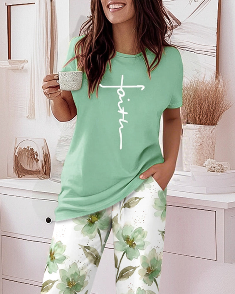 2 Pieces Outfit Faith Letter Print Short Sleeve Top and Watercolor Floral Print Elastic Waist Pants Set Casual Pajamas Set