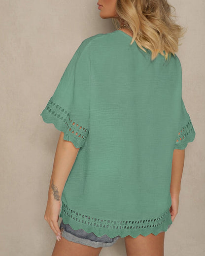 Short Sleeve Hollow-out Pattern Spliced Scallop Hem Versatile Tee Casual Minimalist Loose Fit Top
