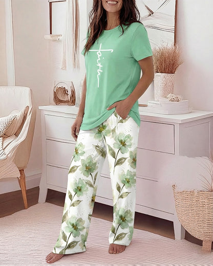 2 Pieces Outfit Faith Letter Print Short Sleeve Top and Watercolor Floral Print Elastic Waist Pants Set Casual Pajamas Set
