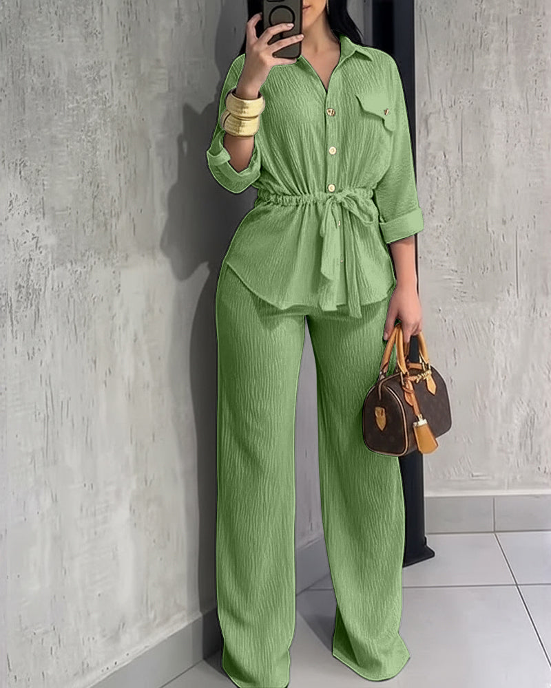 2 Pieces Outfit Vintage Turn-down Collar Roll Up Sleeve Button Front Flap Pocket Design Waist Drawstring Top and Elastic Waist Wide Leg Pants Set Casual Textured Commuting Set