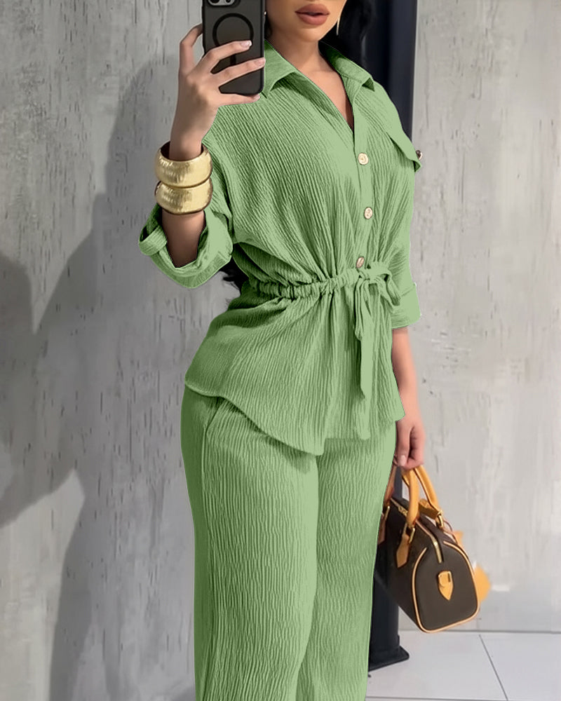 2 Pieces Outfit Vintage Turn-down Collar Roll Up Sleeve Button Front Flap Pocket Design Waist Drawstring Top and Elastic Waist Wide Leg Pants Set Casual Textured Commuting Set