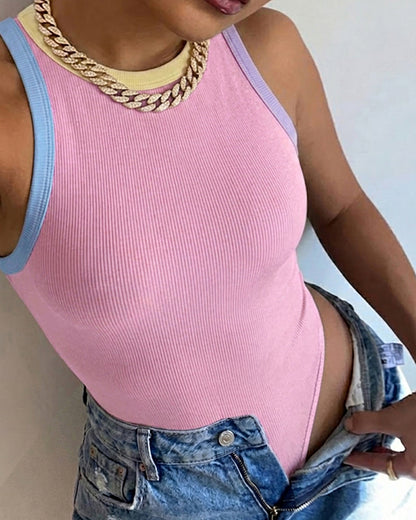 Women's Macaron Contrast Binding Bodysuit Ribbed Knit Sleeveless Slim Fit Bodysuit