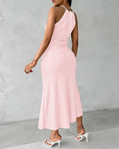 Halter Tie Criss Cross Front Ruched Knit Jacquard Textured Slit Dress Casual Hollow-out Draped Vacation Dress