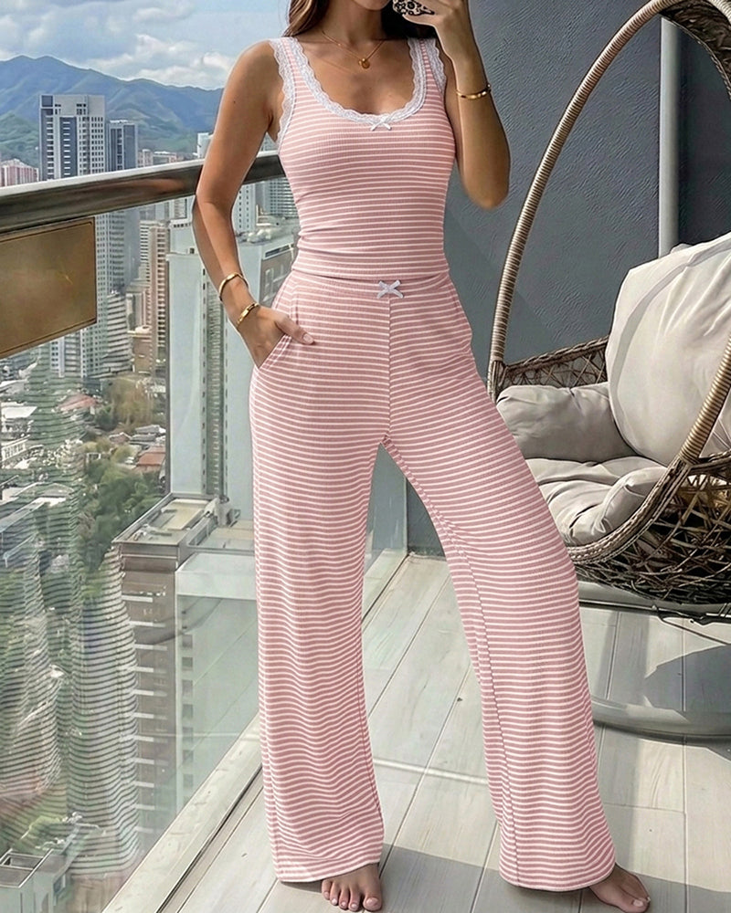 Women's 2 Piece Lace Trim Stripe Lounge Set Sleeveless Tank Top and Wide Leg Pants Set Rib Knit Pajamas Set with Pockets