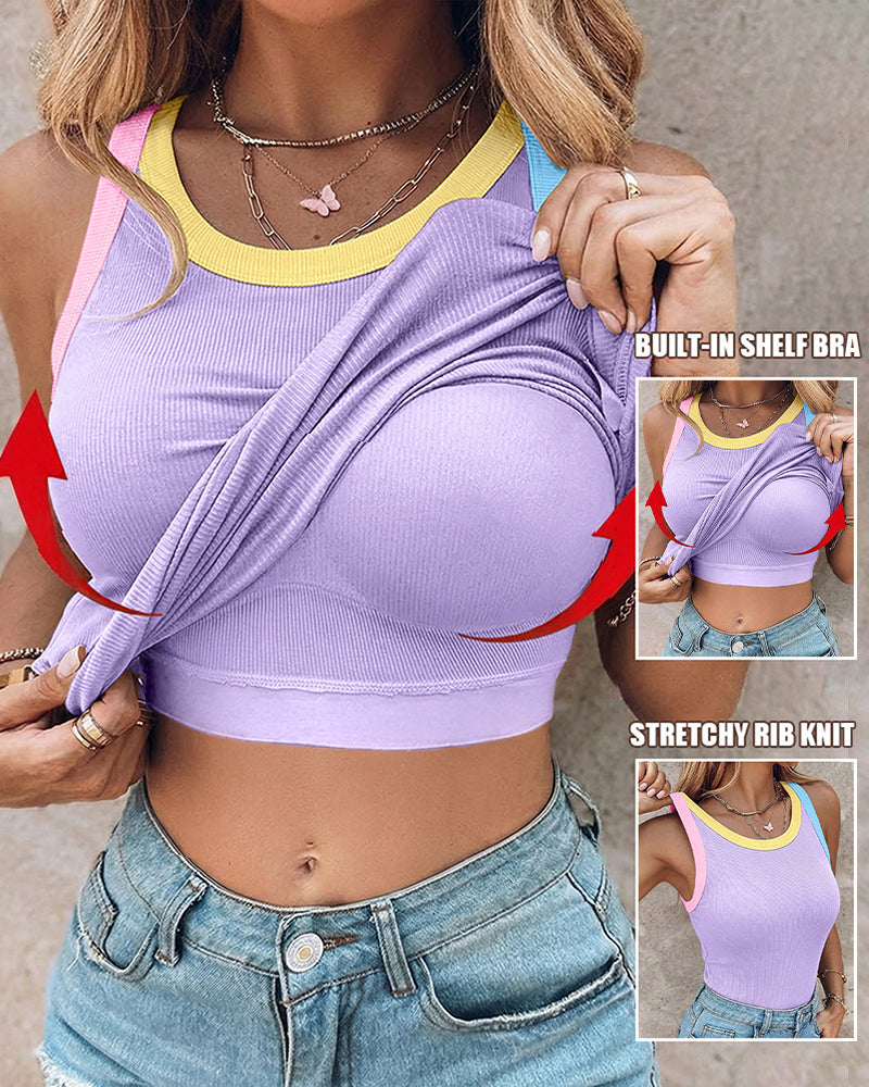 Women's Contrast Binding Tank Top Ribbed Knit Sleeveless Scoop Neck Slim Fit Camisole Top with Built-in Bra