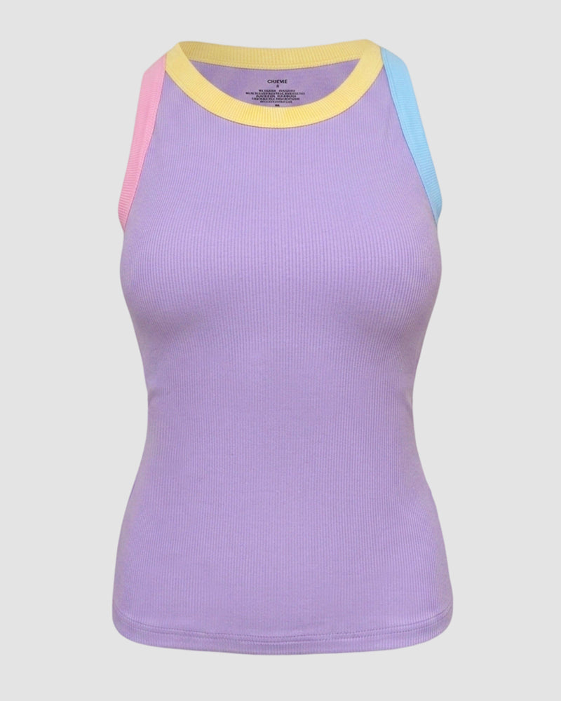 Women's Contrast Binding Tank Top Ribbed Knit Sleeveless Scoop Neck Slim Fit Camisole Top with Built-in Bra