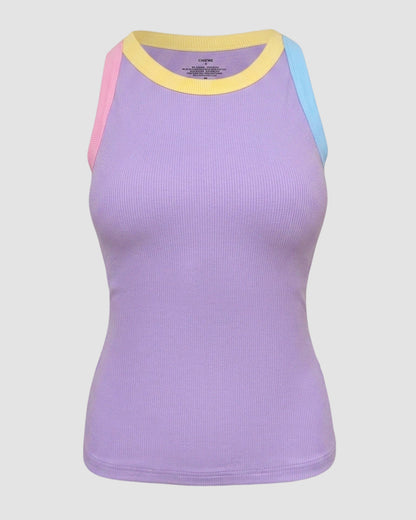 Women's Contrast Binding Tank Top Ribbed Knit Sleeveless Scoop Neck Slim Fit Camisole Top with Built-in Bra