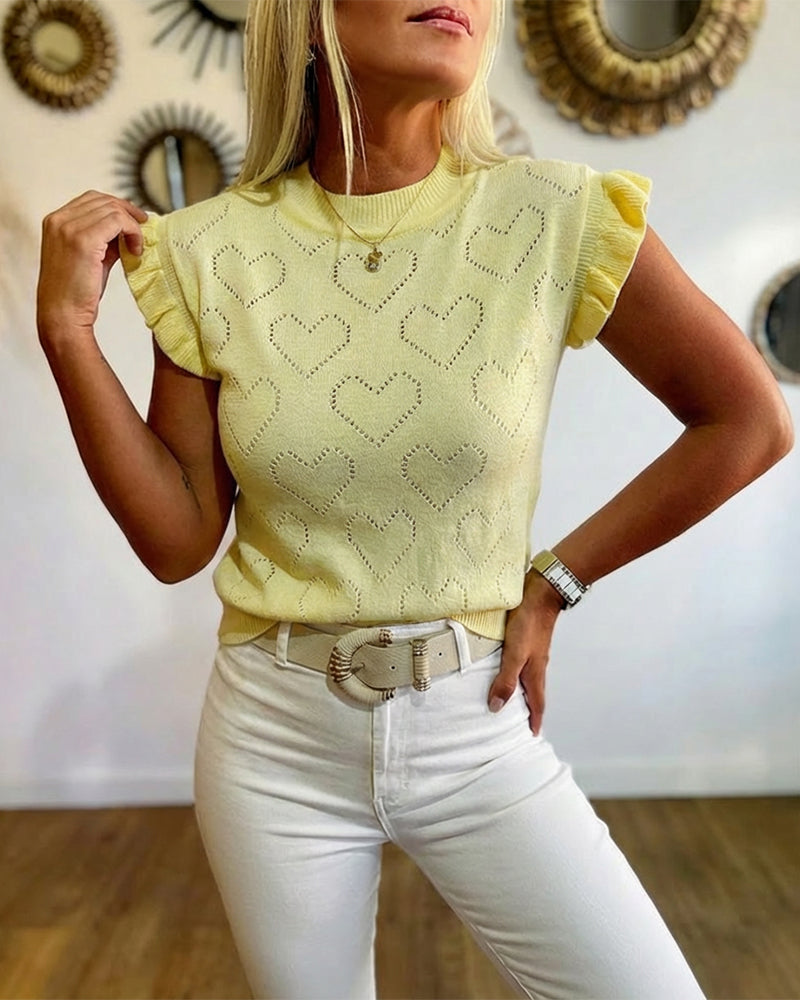 Allover Hollow-out Heart Pattern Round Neck Ruffles Short Sleeve Knit Top