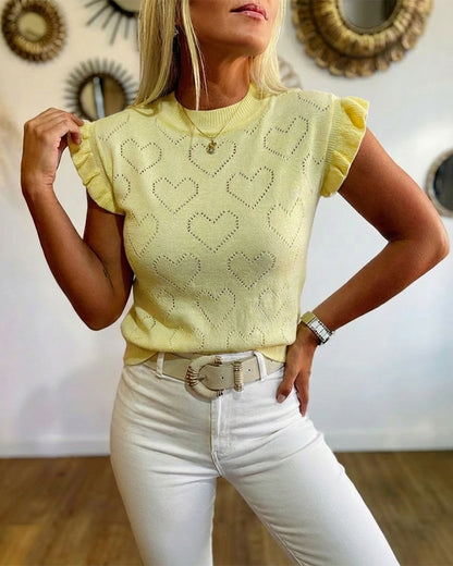 Allover Hollow-out Heart Pattern Round Neck Ruffles Short Sleeve Knit Top