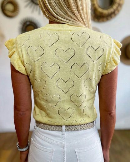 Allover Hollow-out Heart Pattern Round Neck Ruffles Short Sleeve Knit Top