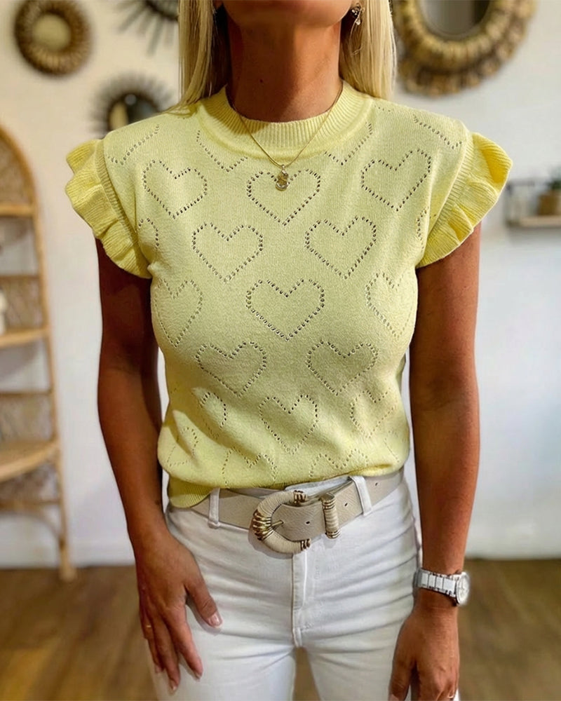 Allover Hollow-out Heart Pattern Round Neck Ruffles Short Sleeve Knit Top