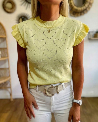 Allover Hollow-out Heart Pattern Round Neck Ruffles Short Sleeve Knit Top