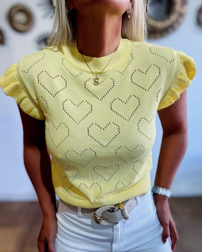 Allover Hollow-out Heart Pattern Round Neck Ruffles Short Sleeve Knit Top