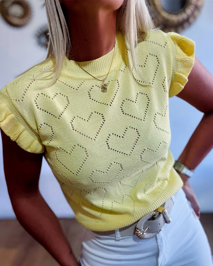 Allover Hollow-out Heart Pattern Round Neck Ruffles Short Sleeve Knit Top