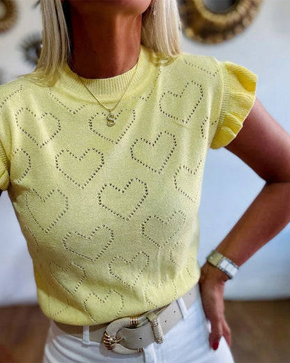 Allover Hollow-out Heart Pattern Round Neck Ruffles Short Sleeve Knit Top