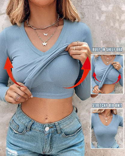Women's V Neck Long Sleeve Ribbed Knit Top Slim Fit Base Layer Shirt Soft Stretchy Casual Tee with Built-in Bra