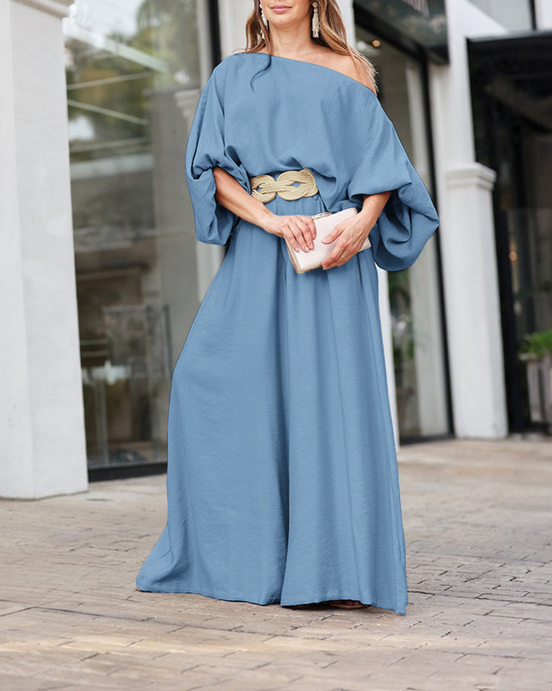 Skew Neck Lantern Sleeve Loose Top & Zipper Fly Wide Leg Pants Set Without Belt