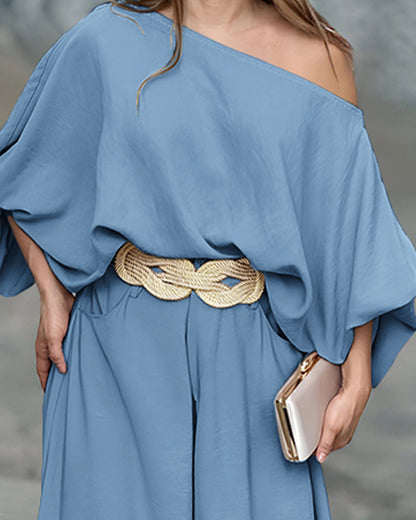 Skew Neck Lantern Sleeve Loose Top & Zipper Fly Wide Leg Pants Set Without Belt