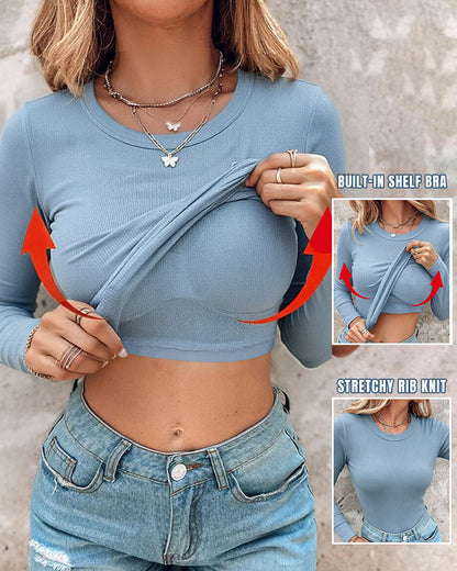 Women's Crewneck Long Sleeve Ribbed Knit Top Slim Fit Base Layer Shirt Soft Stretchy Casual Tee with Built-in Bra