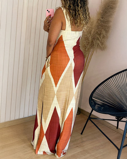 Geometric Print Square Neck Thick Strap Vacation Dress Casual Slim Fit Slit Maxi Dress