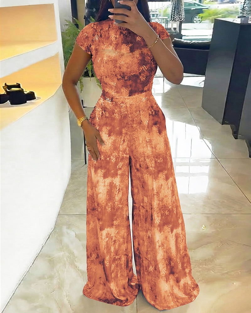 2 Pieces Outfit Mock Neck Short Sleeve Slim Fit Top and High Waist Wide Leg Pants Set Casual Tie Dye Print Sheer Mesh Set