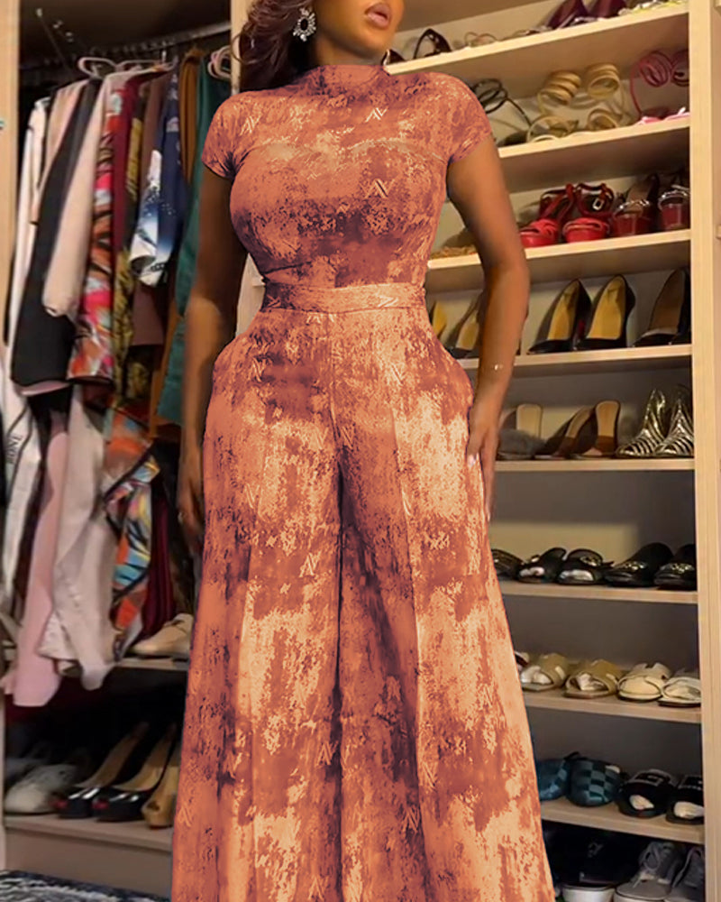 2 Pieces Outfit Mock Neck Short Sleeve Slim Fit Top and High Waist Wide Leg Pants Set Casual Tie Dye Print Sheer Mesh Set