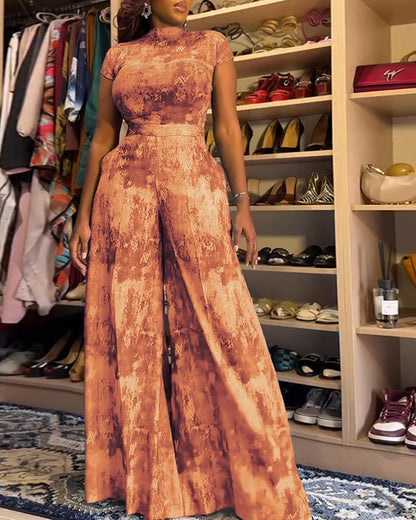 2 Pieces Outfit Mock Neck Short Sleeve Slim Fit Top and High Waist Wide Leg Pants Set Casual Tie Dye Print Sheer Mesh Set