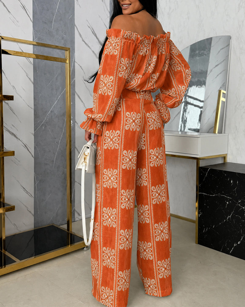 Women's Vintage Print 2 Piece Set Ruffle Off Shoulder Flared Cuff Top and Wide Leg Pants Casual Tropical Vacation Outfits