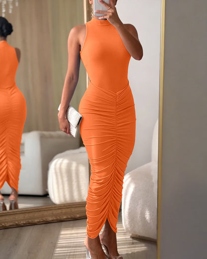 Women's Mock Neck Sleeveless Ruched Bodycon Dress Sexy Racerback Slit Slim Fit Party Dress