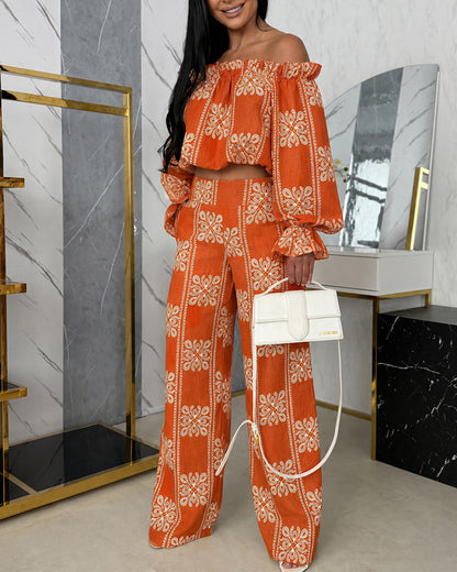 Women's Vintage Print 2 Piece Set Ruffle Off Shoulder Flared Cuff Top and Wide Leg Pants Casual Tropical Vacation Outfits
