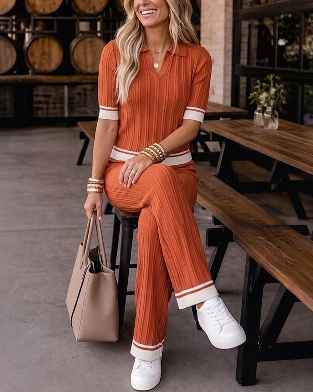 Women's Contrast Binding Two Piece Knit Set Short Sleeve Top and Drawstring Straight Leg Pants Casual Loungewear