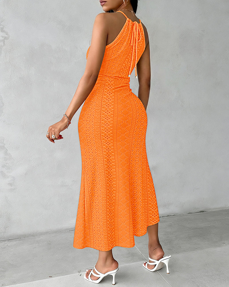 Halter Tie Criss Cross Front Ruched Knit Jacquard Textured Slit Dress Casual Hollow-out Draped Vacation Dress