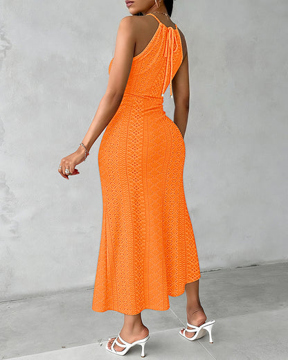 Halter Tie Criss Cross Front Ruched Knit Jacquard Textured Slit Dress Casual Hollow-out Draped Vacation Dress