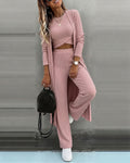 Women's 3 Piece Knit Set Long Cardigan Criss Cross Crop Tank Top and Wide Leg Pants Casual Ribbed Brushed Lounge Set