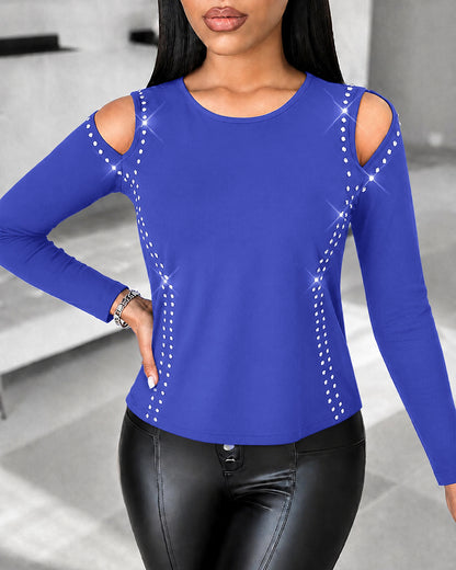 Women's Long Sleeve Top Sparkly Rhinestone Cutout Tee Slim Fit Round Neck T-Shirt