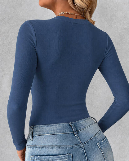 Women's Crewneck Long Sleeve Ribbed Knit Top Slim Fit Base Layer Shirt Soft Stretchy Casual Tee with Built-in Bra