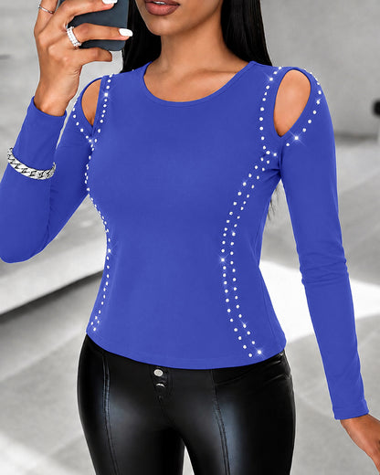Women's Long Sleeve Top Sparkly Rhinestone Cutout Tee Slim Fit Round Neck T-Shirt